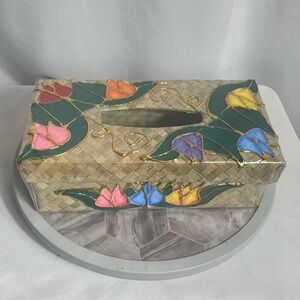 Philippines Woven Tissue Box Cover Hand-Painted Flowers Gold Accents 9.5”